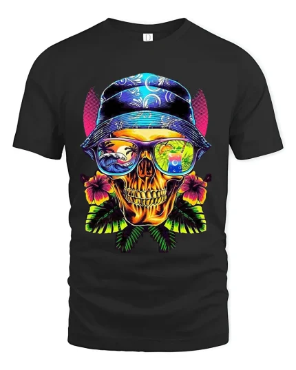 Tropical Skull Graphic Tee With Bucket Hat Sunglasses And Beach Art - black t-shirt on white background