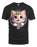 Cute Zipper Kitten Graphic Tee With Big Eyes And Playful Smile - black t-shirt on white background