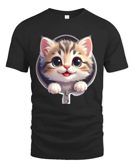 Cute Zipper Kitten Graphic Tee With Big Eyes And Playful Smile - black t-shirt on white background