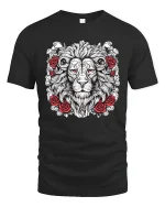 Majestic Lion Rose Tattoo Style Art T Shirt Powerful Graphic Tee - black t-shirt on white background