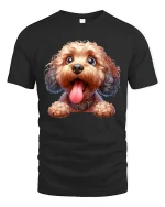 Cute Fluffy Doodle Dog Graphic Tee With Happy Tongue Out Smile - black t-shirt on white background