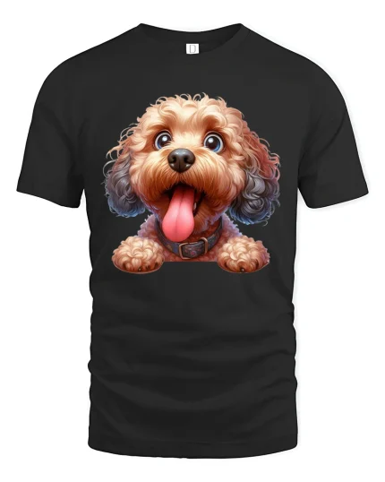 Cute Fluffy Doodle Dog Graphic Tee With Happy Tongue Out Smile - black t-shirt on white background