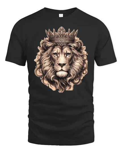 Majestic Crowned Lion King Graphic Tee With Royal Power Style - black t-shirt on white background