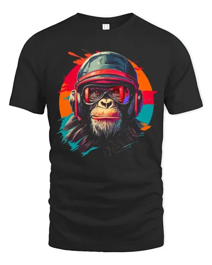 Retro Helmet Chimp Graphic Tee With Bold Street Art Attitude - black t-shirt on white background