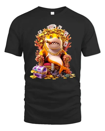 Rich Shark Boss Graphic Tee With Gold Coins Poker Style - black t-shirt on white background