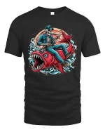 Skeleton Fishing Giant Fish Action Art T Shirt Bold Graphic Tee - black t-shirt on white background