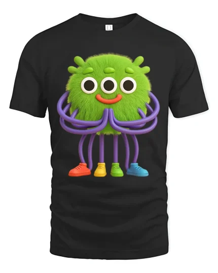 Cute Green Alien Monster Cartoon Art T Shirt Funny Graphic Tee - black t-shirt on white background