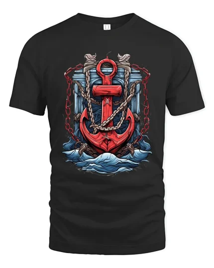 Nautical Red Anchor Chain Ocean Art Graphic T Shirt - black t-shirt on white background