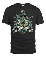Vintage Pirate Ship Wheel Anchor Emblem Nautical Graphic T Shirt - black t-shirt on white background