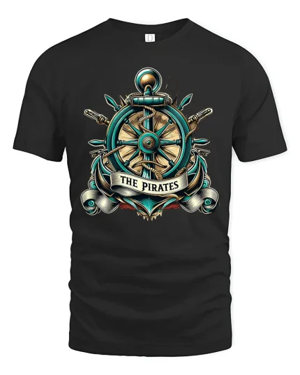 Vintage Pirate Ship Wheel Anchor Emblem Nautical Graphic T Shirt - black t-shirt on white background