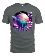 Cosmic Melting Planet Galaxy Art T Shirt Colorful Space Graphic Tee - gray t-shirt on white background