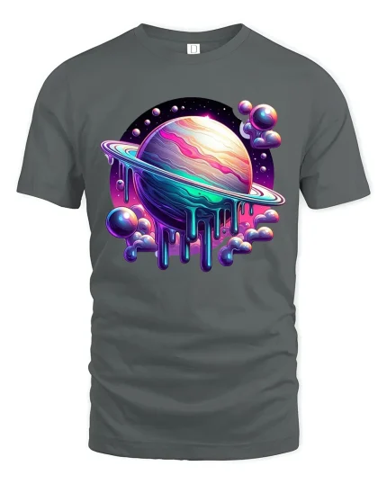 Cosmic Melting Planet Galaxy Art T Shirt Colorful Space Graphic Tee - gray t-shirt on white background