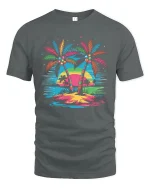 Tropical Palm Sunset Graphic T Shirt With Colorful Island Vibes - gray t-shirt on white background
