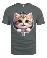 Cute Zipper Kitten Graphic Tee With Big Eyes And Playful Smile - gray t-shirt on white background