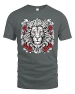 Majestic Lion Rose Tattoo Style Art T Shirt Powerful Graphic Tee - gray t-shirt on white background