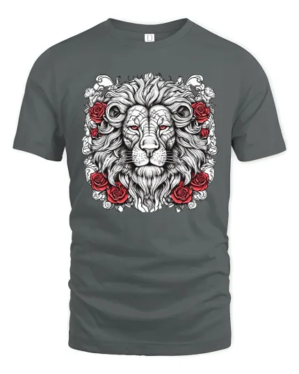 Majestic Lion Rose Tattoo Style Art T Shirt Powerful Graphic Tee - gray t-shirt on white background