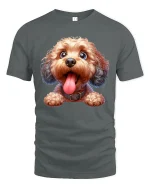 Cute Fluffy Doodle Dog Graphic Tee With Happy Tongue Out Smile - gray t-shirt on white background