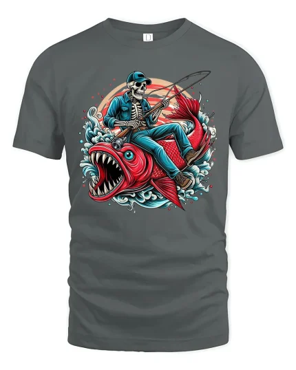 Skeleton Fishing Giant Fish Action Art T Shirt Bold Graphic Tee - gray t-shirt on white background