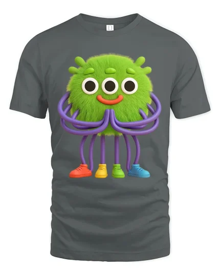 Cute Green Alien Monster Cartoon Art T Shirt Funny Graphic Tee - gray t-shirt on white background