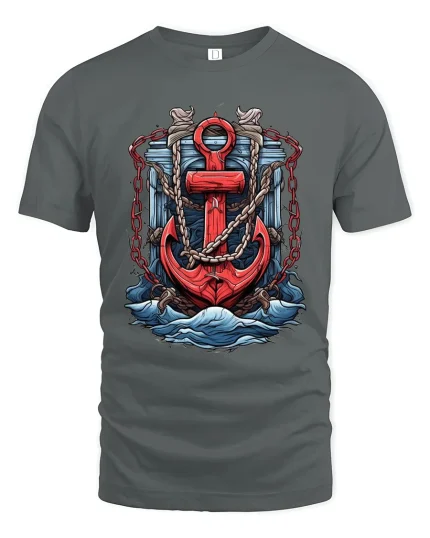 Nautical Red Anchor Chain Ocean Art Graphic T Shirt - gray t-shirt on white background