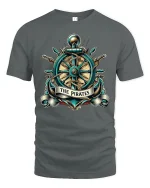 Vintage Pirate Ship Wheel Anchor Emblem Nautical Graphic T Shirt - gray t-shirt on white background