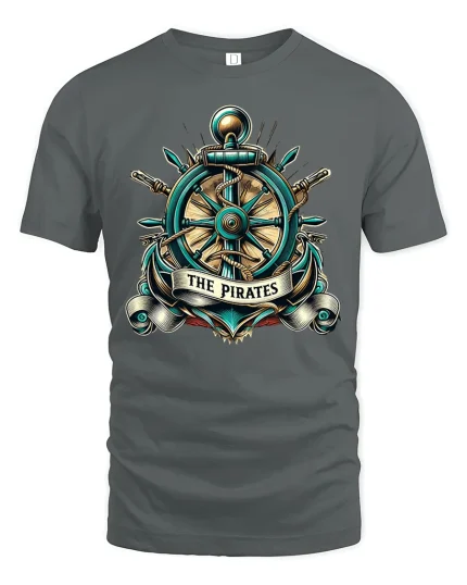 Vintage Pirate Ship Wheel Anchor Emblem Nautical Graphic T Shirt - gray t-shirt on white background