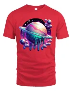 Cosmic Melting Planet Galaxy Art T Shirt Colorful Space Graphic Tee - red t-shirt on white background