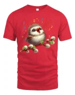 Singing Bird Music Art Graphic T Shirt With Joyful Nature Vibes - red t-shirt on white background