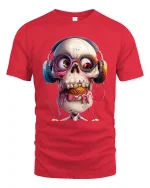 Funny Skull Headphones Graphic T Shirt With Melting Ice Cream Style - red t-shirt on white background