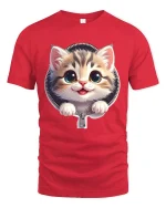 Cute Zipper Kitten Graphic Tee With Big Eyes And Playful Smile - red t-shirt on white background