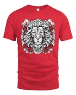Majestic Lion Rose Tattoo Style Art T Shirt Powerful Graphic Tee - red t-shirt on white background