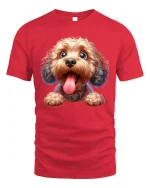 Cute Fluffy Doodle Dog Graphic Tee With Happy Tongue Out Smile - red t-shirt on white background