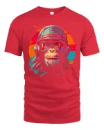Retro Helmet Chimp Graphic Tee With Bold Street Art Attitude - red t-shirt on white background