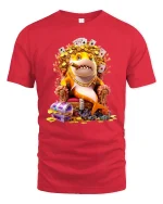 Rich Shark Boss Graphic Tee With Gold Coins Poker Style - red t-shirt on white background