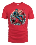 Skeleton Fishing Giant Fish Action Art T Shirt Bold Graphic Tee - red t-shirt on white background