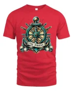 Vintage Pirate Ship Wheel Anchor Emblem Nautical Graphic T Shirt - red t-shirt on white background