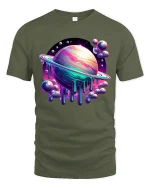 Cosmic Melting Planet Galaxy Art T Shirt Colorful Space Graphic Tee - military green t-shirt on white background