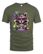 Mardi Gras Raccoon Mask Graphic T Shirt With Festive Party Spirit - military green t-shirt on white background
