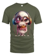 Funny Skull Headphones Graphic T Shirt With Melting Ice Cream Style - military green t-shirt on white background