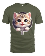 Cute Zipper Kitten Graphic Tee With Big Eyes And Playful Smile - military green t-shirt on white background