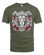 Majestic Lion Rose Tattoo Style Art T Shirt Powerful Graphic Tee - military green t-shirt on white background
