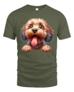Cute Fluffy Doodle Dog Graphic Tee With Happy Tongue Out Smile - military green t-shirt on white background