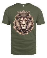 Majestic Crowned Lion King Graphic Tee With Royal Power Style - military green t-shirt on white background