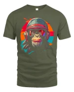 Retro Helmet Chimp Graphic Tee With Bold Street Art Attitude - military green t-shirt on white background