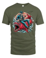 Skeleton Fishing Giant Fish Action Art T Shirt Bold Graphic Tee - military green t-shirt on white background