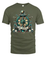 Vintage Pirate Ship Wheel Anchor Emblem Nautical Graphic T Shirt - military green t-shirt on white background