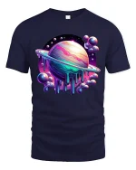 Cosmic Melting Planet Galaxy Art T Shirt Colorful Space Graphic Tee - navy t-shirt on white background