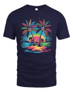 Tropical Palm Sunset Graphic T Shirt With Colorful Island Vibes - navy t-shirt on white background
