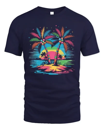 Tropical Palm Sunset Graphic T Shirt With Colorful Island Vibes - navy t-shirt on white background
