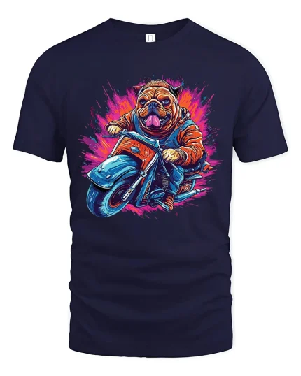 Biker Bulldog Graphic T Shirt With Bold Street Racing Attitude - navy t-shirt on white background